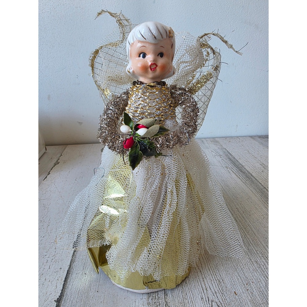 Vintage 11" Holt Howard angel tinsel cherub standing tree topper Xmas decor